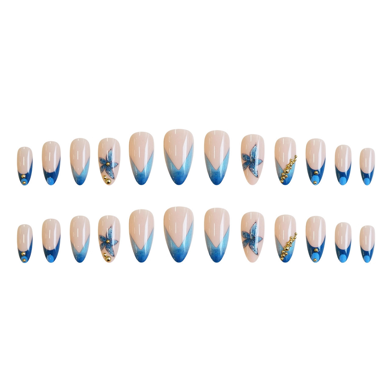 Nude fake nails with pink blue - Pressed Flower Art 评论和价格