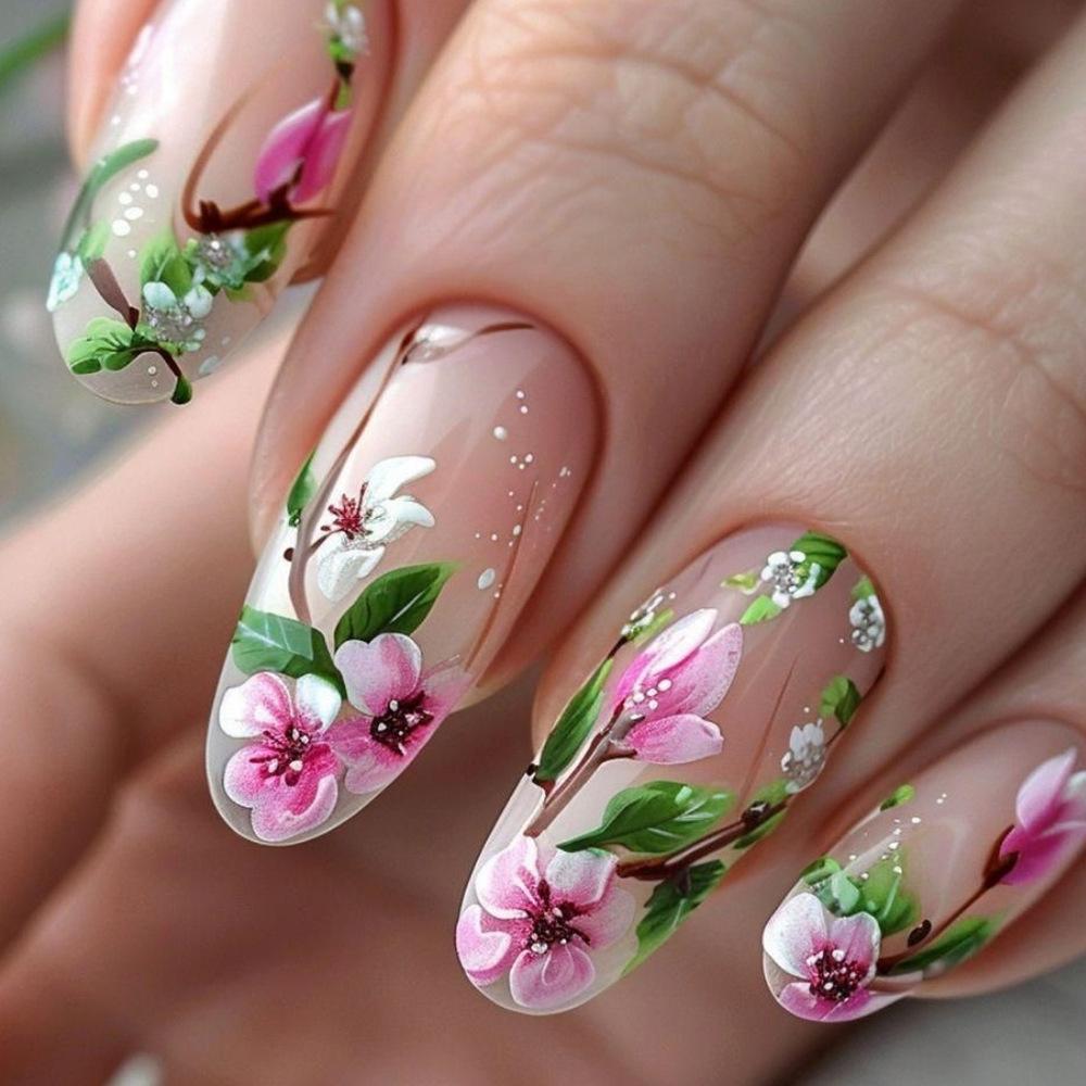 Short Almond Press on Nails 3D - Pressed Flower Art 评论和价格